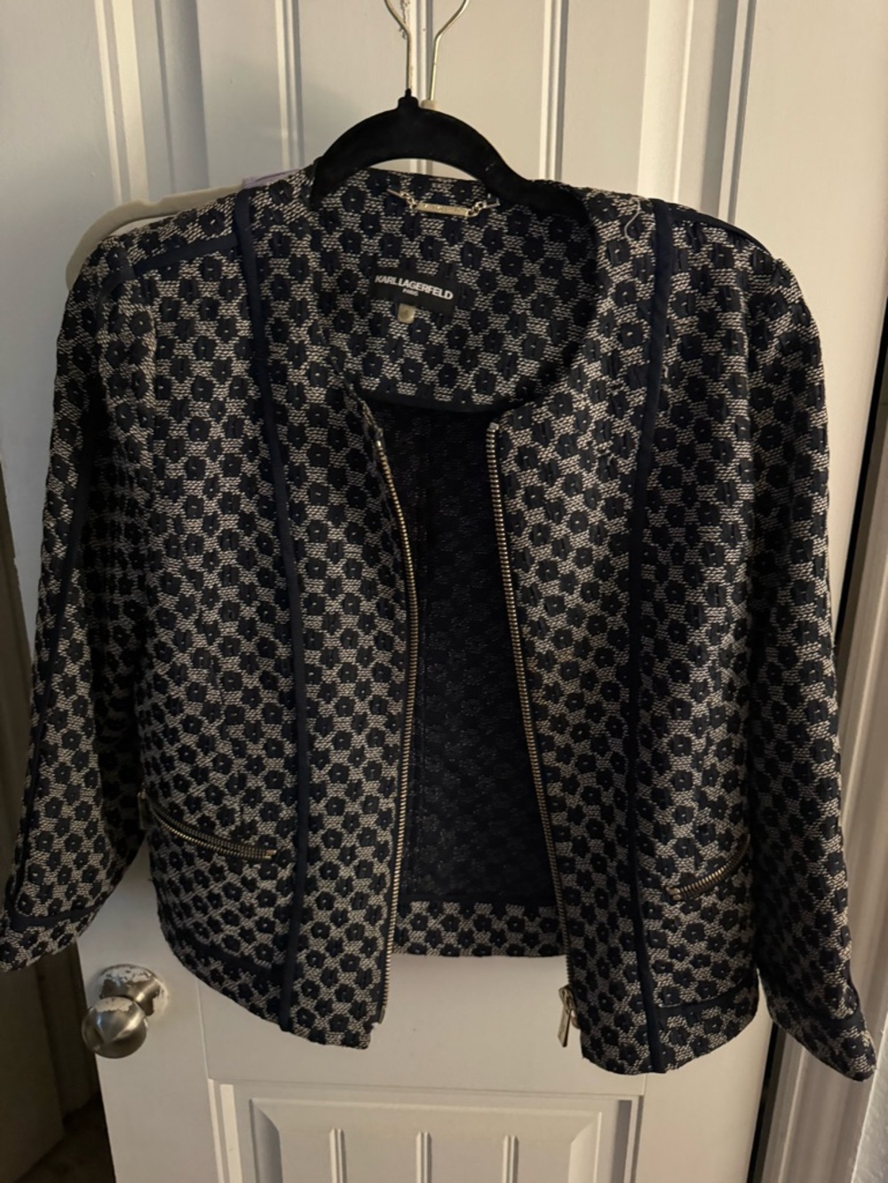 Karl Lagerfeld Navy and Cream Textured Zip-Front Jacket